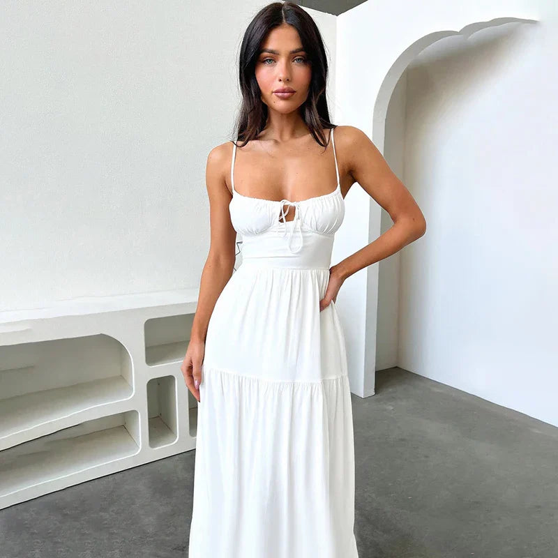 Midi Dresses- Solid Sweetheart Flowy Midi Dress- White- Chuzko Women Clothing