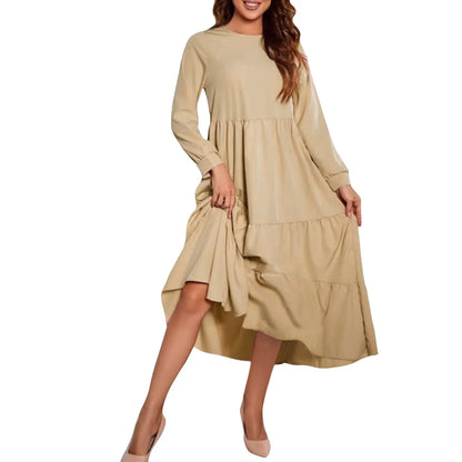 Midi Dresses- Solid Tiered Ruffle Midi Dress with Long Sleeves- Khaki- Chuzko Women Clothing