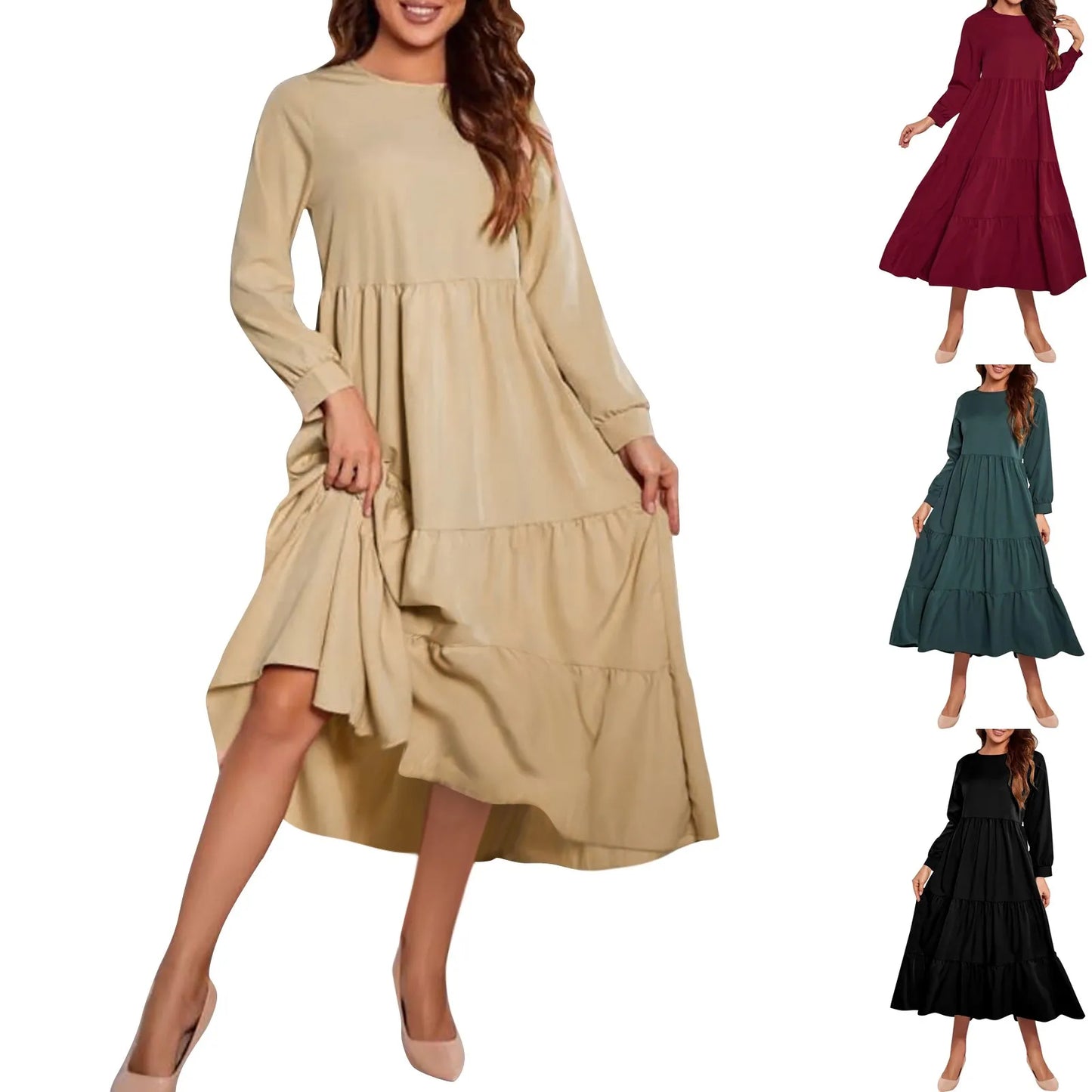 Midi Dresses- Solid Tiered Ruffle Midi Dress with Long Sleeves- - Chuzko Women Clothing