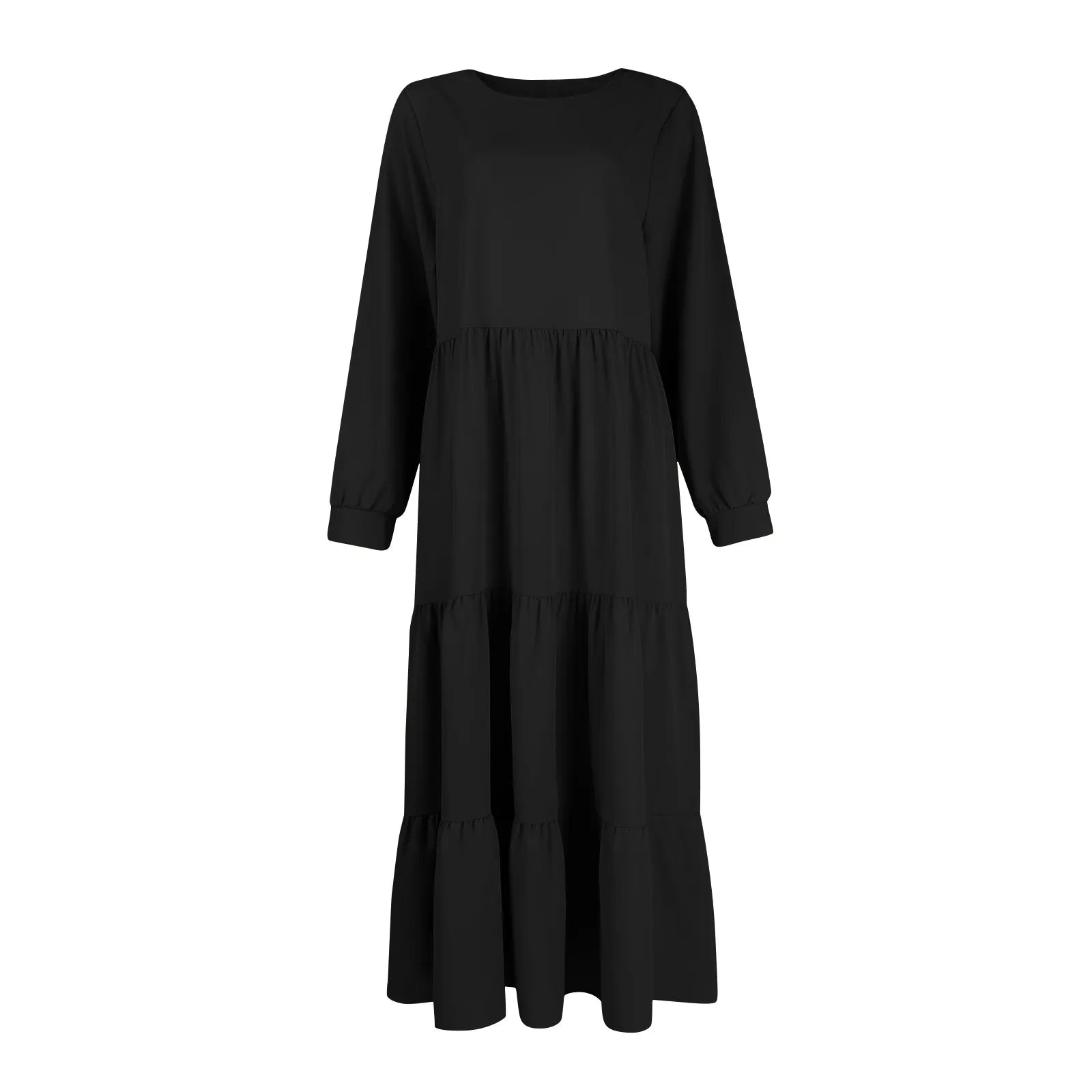 Midi Dresses- Solid Tiered Ruffle Midi Dress with Long Sleeves- - Chuzko Women Clothing