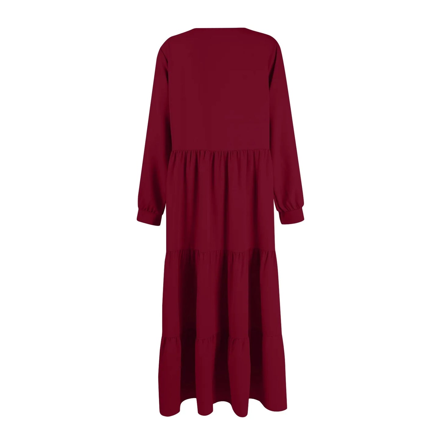 Midi Dresses- Solid Tiered Ruffle Midi Dress with Long Sleeves- - Chuzko Women Clothing