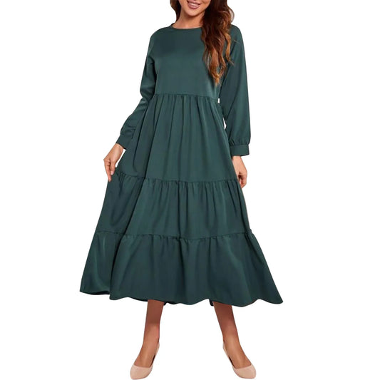 Midi Dresses- Solid Tiered Ruffle Midi Dress with Long Sleeves- Green- Chuzko Women Clothing