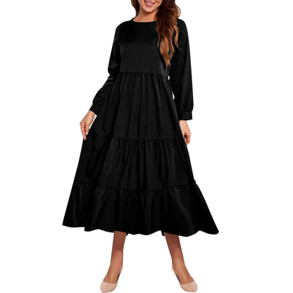 Midi Dresses- Solid Tiered Ruffle Midi Dress with Long Sleeves- Black- Chuzko Women Clothing