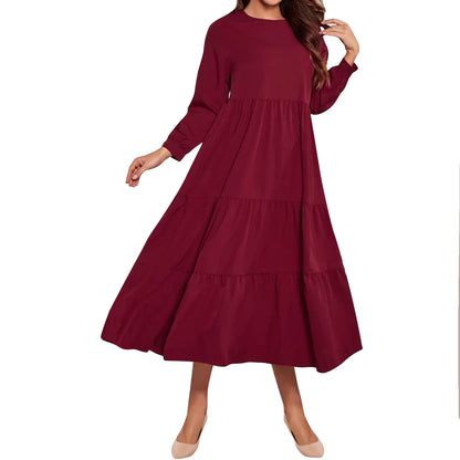 Midi Dresses- Solid Tiered Ruffle Midi Dress with Long Sleeves- Wine- Chuzko Women Clothing