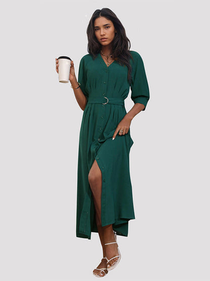 Midi Dresses- Solid V-Neck Belted Midi Dress with Button-Up Closure & Bishop Sleeves- - Chuzko Women Clothing