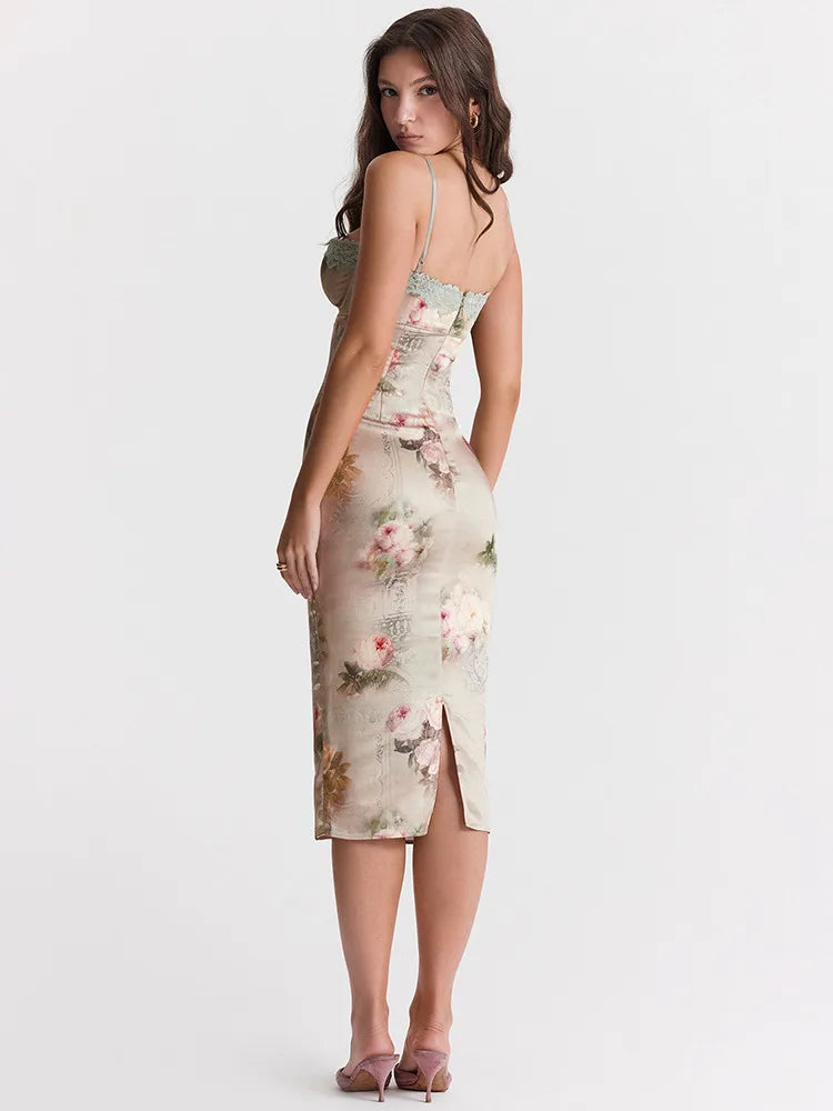 Midi Dresses - Spaghetti Strap Lace Trim Floral Print Midi Dress