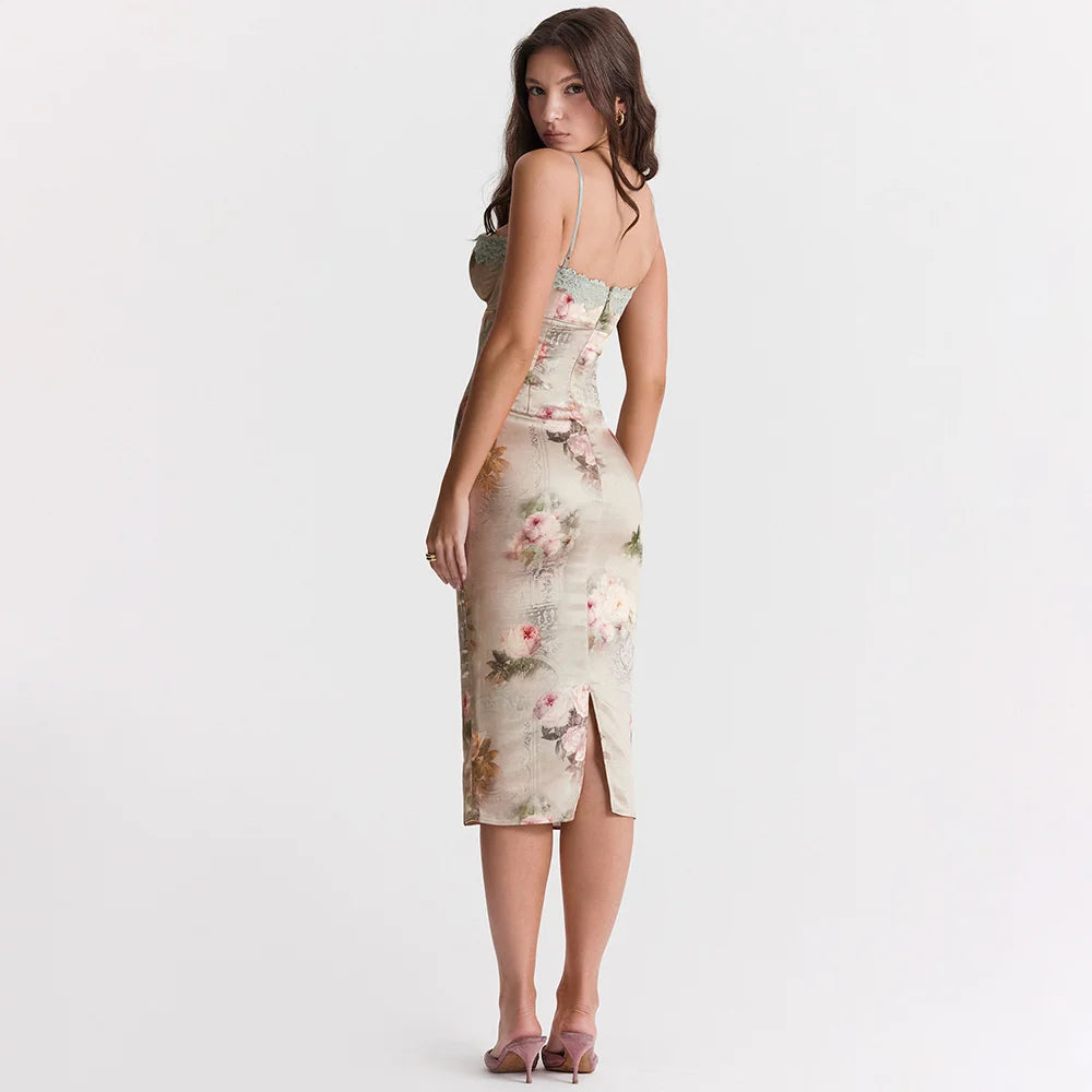 Midi Dresses - Spaghetti Strap Lace Trim Floral Print Midi Dress