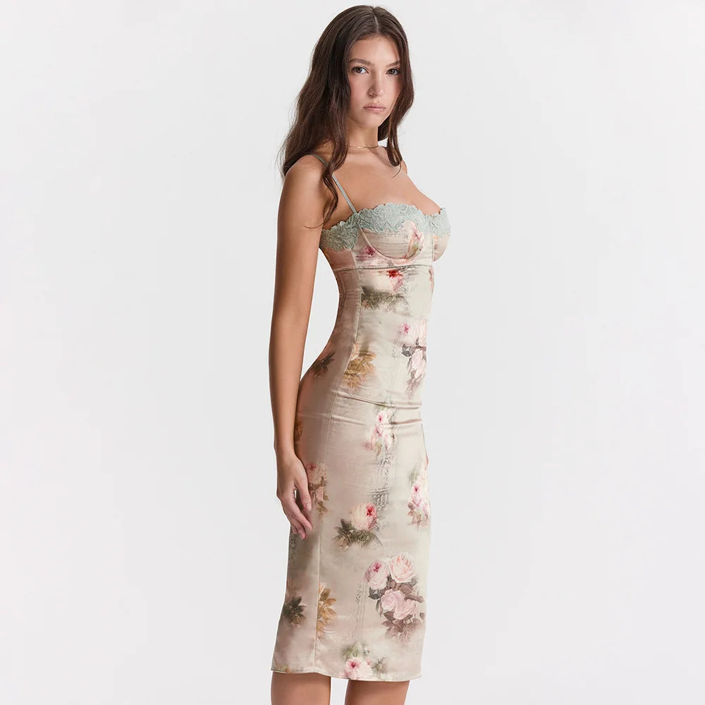 Midi Dresses - Spaghetti Strap Lace Trim Floral Print Midi Dress