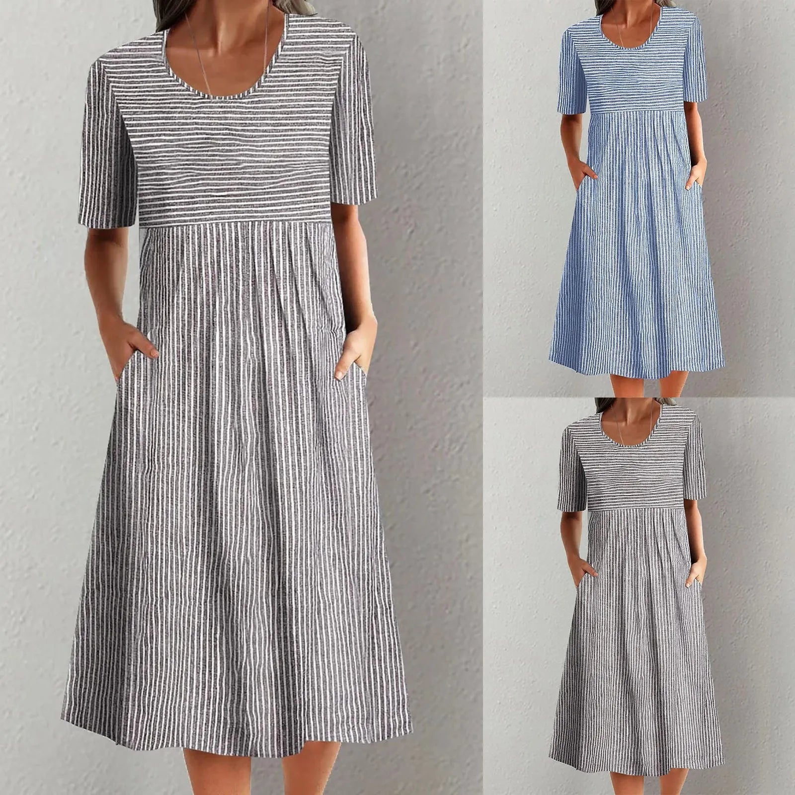 Midi Dresses - Striped Midi Dress