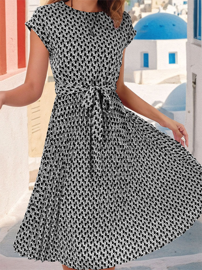 Summer Geo Print Cap Sleeve A-Line Midi Dress with Belt