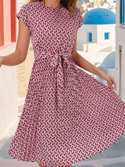 Summer Geo Print Cap Sleeve A-Line Midi Dress with Belt