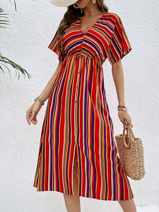 Midi Dresses- Sunny Vibrant Striped Midi Dress with Cinched Waist & V-Open Back- Red- Pekosa Women Fashion