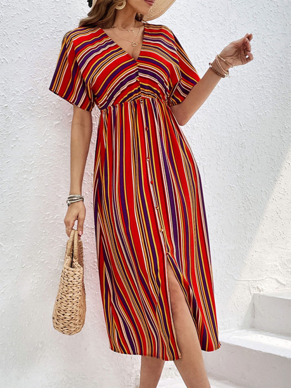 Midi Dresses- Sunny Vibrant Striped Midi Dress with Cinched Waist & V-Open Back- - Pekosa Women Fashion