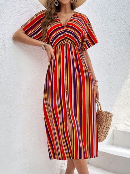 Midi Dresses- Sunny Vibrant Striped Midi Dress with Cinched Waist & V-Open Back- - Pekosa Women Fashion