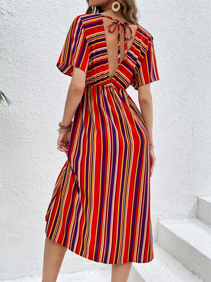 Midi Dresses- Sunny Vibrant Striped Midi Dress with Cinched Waist & V-Open Back- - Pekosa Women Fashion