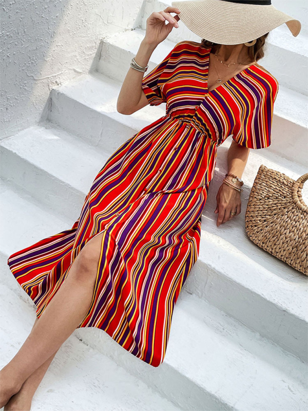 Midi Dresses- Sunny Vibrant Striped Midi Dress with Cinched Waist & V-Open Back- - Pekosa Women Fashion