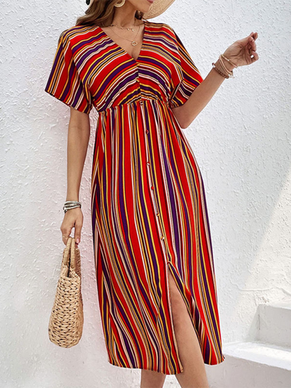 Midi Dresses- Sunny Vibrant Striped Midi Dress with Cinched Waist & V-Open Back- - Pekosa Women Fashion