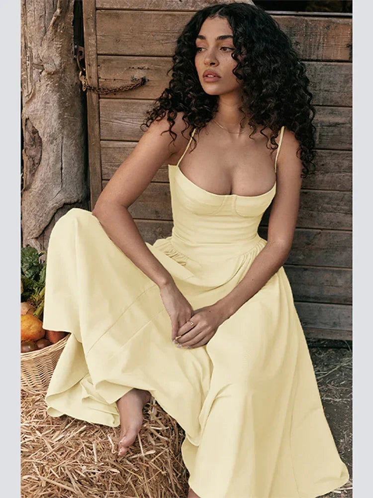 Midi Dresses- Romantic Sweetheart Fit & Flare Dress for Summer Events- Yellow- Pekosa Women Fashion