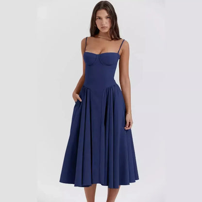 Midi Dresses- Romantic Sweetheart Fit & Flare Dress for Summer Events- Navy Blue- Pekosa Women Fashion