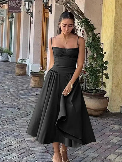 Midi Dresses- Romantic Sweetheart Fit & Flare Dress for Summer Events- Black- Pekosa Women Fashion