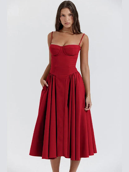 Midi Dresses- Romantic Sweetheart Fit & Flare Dress for Summer Events- Red- Pekosa Women Fashion