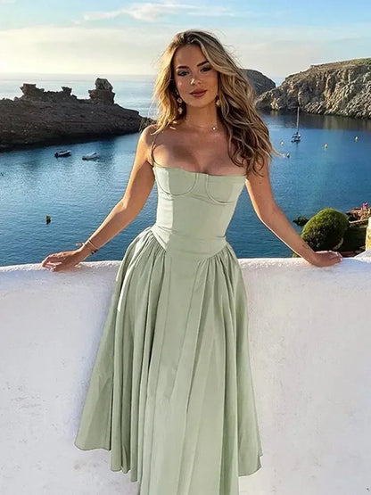 Midi Dresses- Romantic Sweetheart Fit & Flare Dress for Summer Events- Light Green- Pekosa Women Fashion