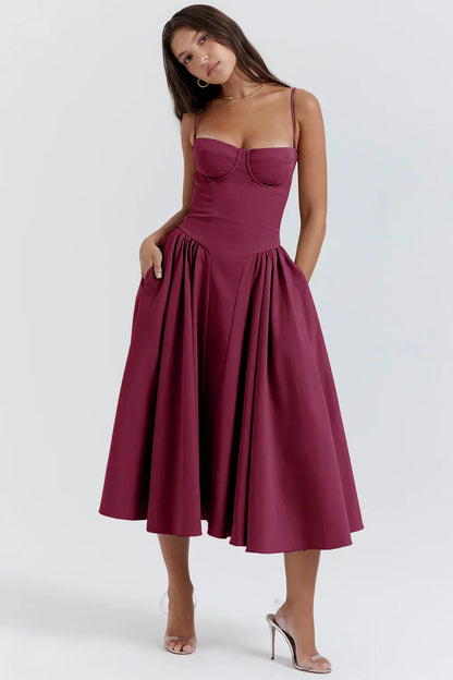 Midi Dresses- Romantic Sweetheart Fit & Flare Dress for Summer Events- Plum Red- Pekosa Women Fashion