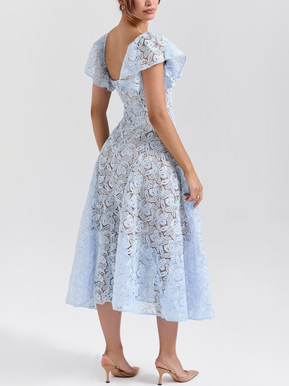 Midi Dresses - Sweetheart Lace Midi Dress with Inner Lining and Ruffle Sleeves