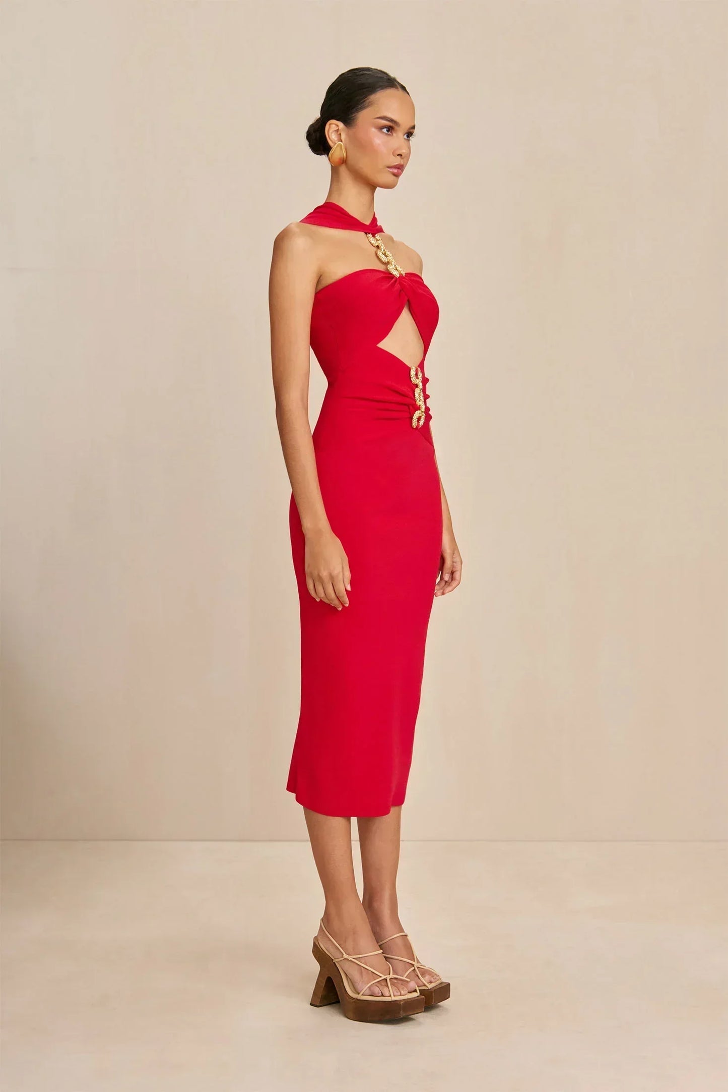 Midi Dresses - Sweetheart Neck Midi Dress with Chain Detailing