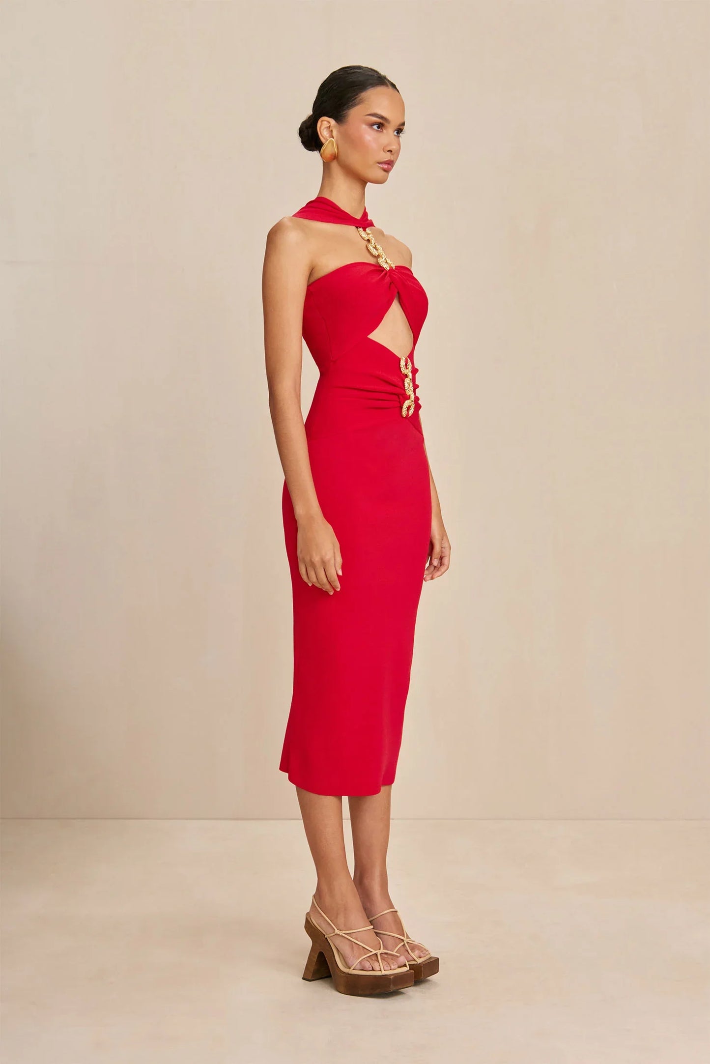 Midi Dresses - Sweetheart Neck Midi Dress with Chain Detailing