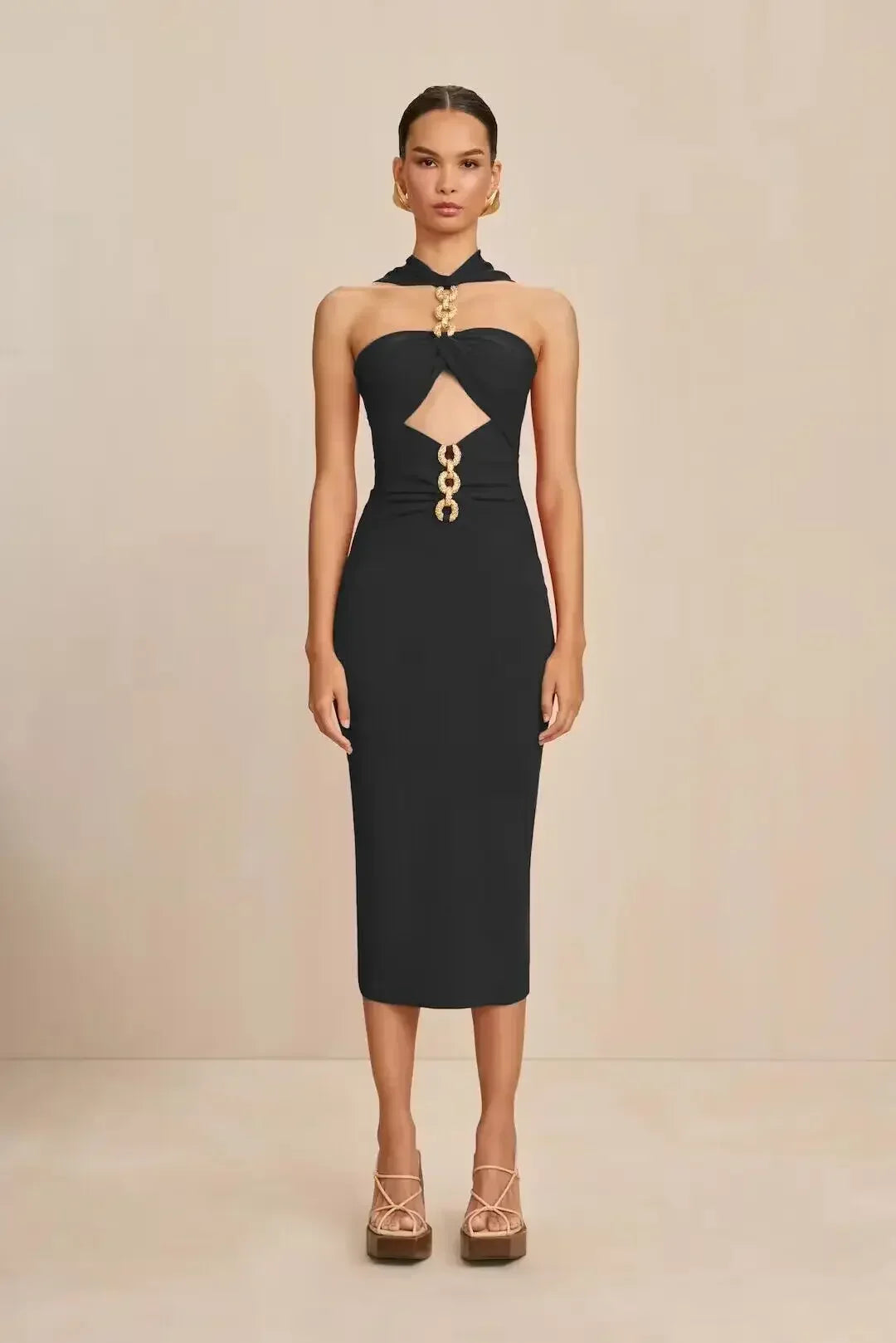 Midi Dresses - Sweetheart Neck Midi Dress with Chain Detailing