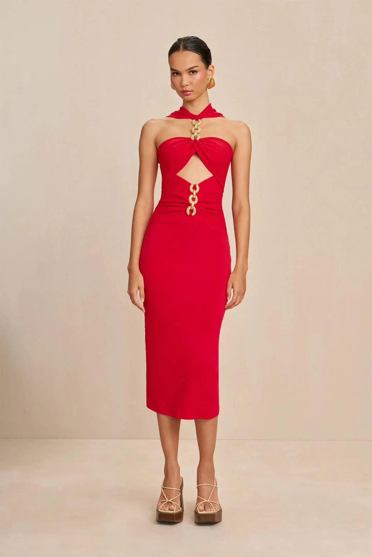 Midi Dresses - Sweetheart Neck Midi Dress with Chain Detailing