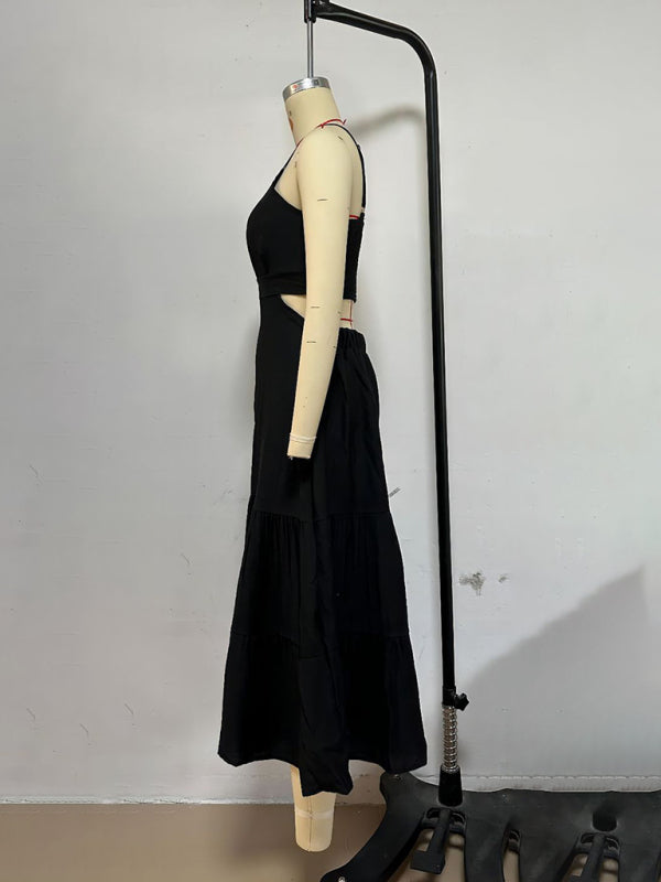 Midi Dresses - Black Tiered Maxi Dress with Sweetheart Neckline for Elegant Looks