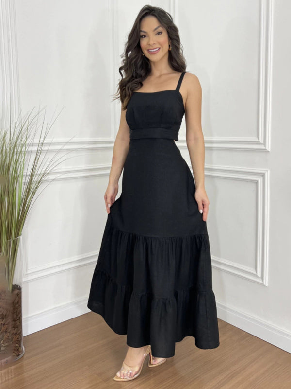 Midi Dresses - Black Tiered Maxi Dress with Sweetheart Neckline for Elegant Looks