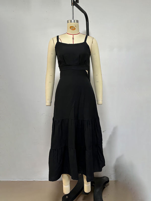 Midi Dresses - Black Tiered Maxi Dress with Sweetheart Neckline for Elegant Looks