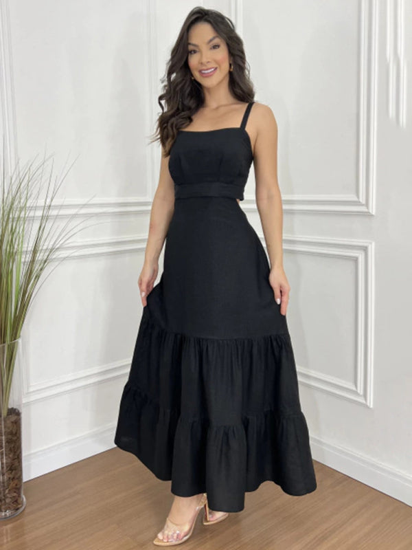 Midi Dresses - Black Tiered Maxi Dress with Sweetheart Neckline for Elegant Looks