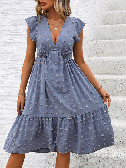 Midi Dresses- Swiss Dot Deep V-Neck A-Line Midi Dress with Ruffle Shoulders- Blue- Pekosa Women Fashion