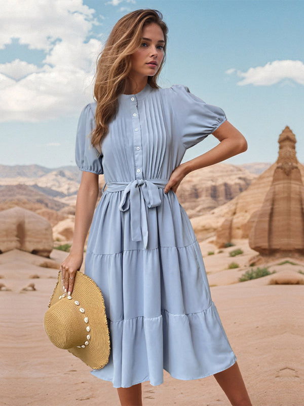 Midi Dresses- Tiered Belted A-Line Midi Dress with Short Puff Sleeves for Women- - Pekosa Women Fashion