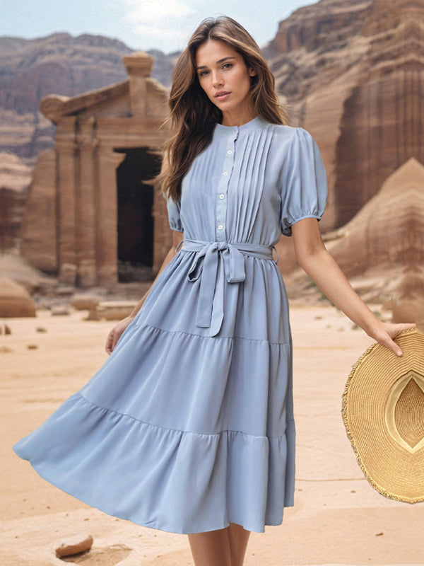 Midi Dresses- Tiered Belted A-Line Midi Dress with Short Puff Sleeves for Women- - Pekosa Women Fashion