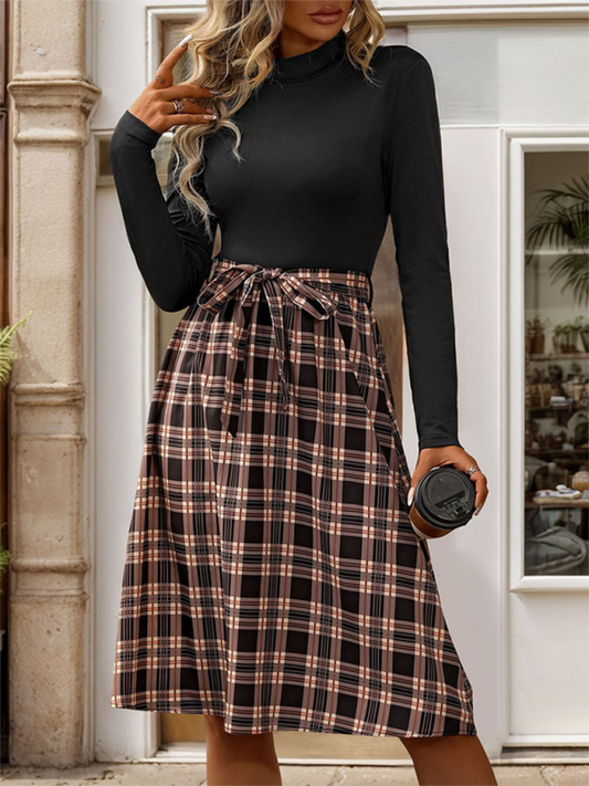 Midi Dresses- Trendy A-Line Belted Dress for Office Wear- Black- Chuzko Women Clothing