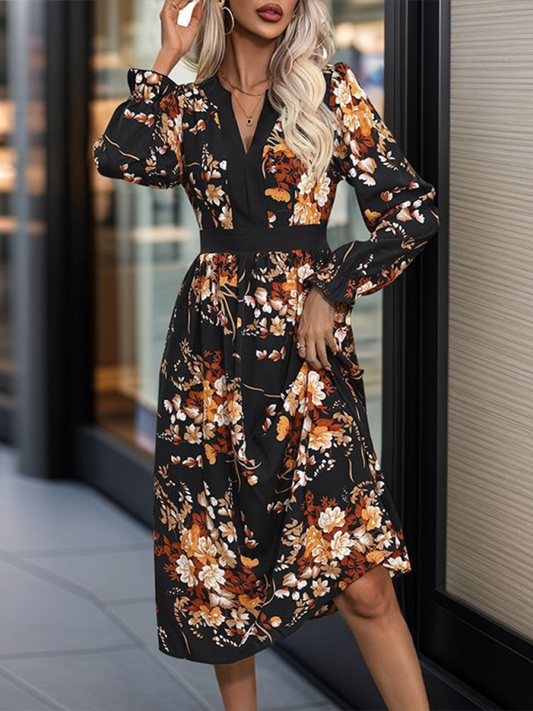 Vibrant Autumn Floral Midi Dress