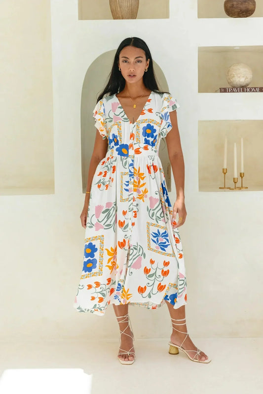 Midi Dresses- Vibrant Bohemian Floral Button-Up Midi Dress for City Days- - Pekosa Women Fashion