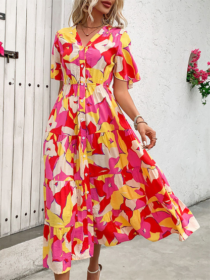 Midi Dresses- Vivid Floral Midi Dress – Perfect for Any Summer Event!- - Pekosa Women Fashion
