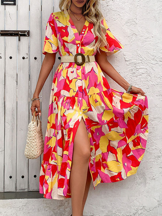 Midi Dresses- Vivid Floral Midi Dress – Perfect for Any Summer Event!- Rose- Pekosa Women Fashion