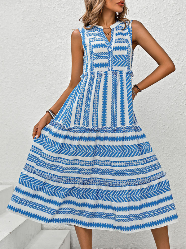 Damen Sommerkleid im Boho-Stil mit Geo-Print, abgestuftes A-Linien-Kleid