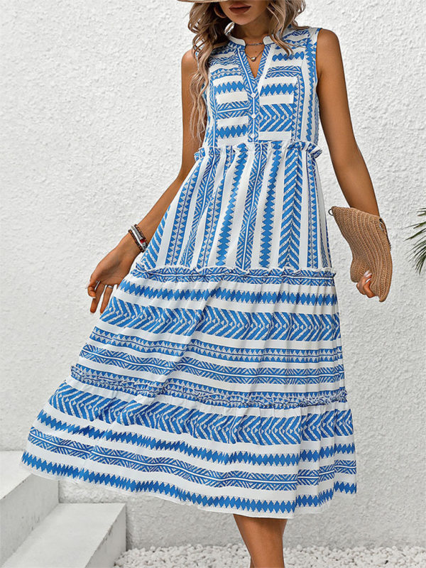 Damen Sommerkleid im Boho-Stil mit Geo-Print, abgestuftes A-Linien-Kleid