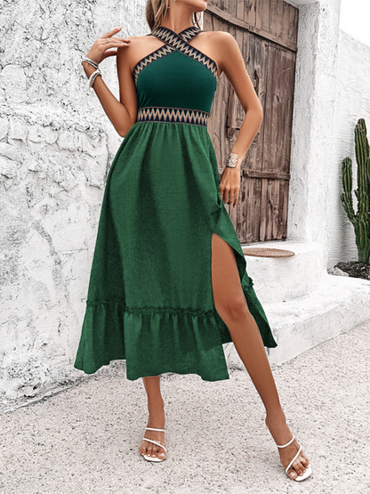 Women Halter Cinched Midi Dress with Zig-Zag Trim