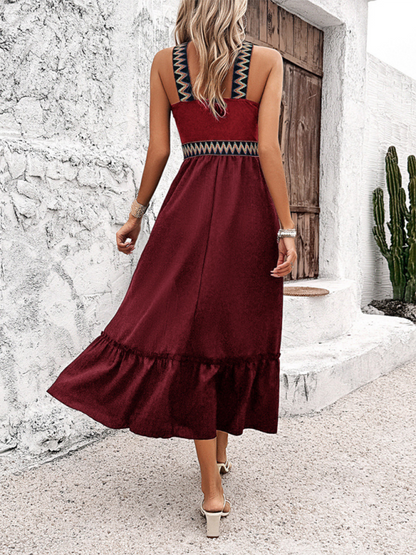 Women Halter Cinched Midi Dress with Zig-Zag Trim