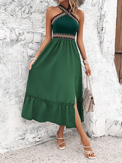 Women Halter Cinched Midi Dress with Zig-Zag Trim