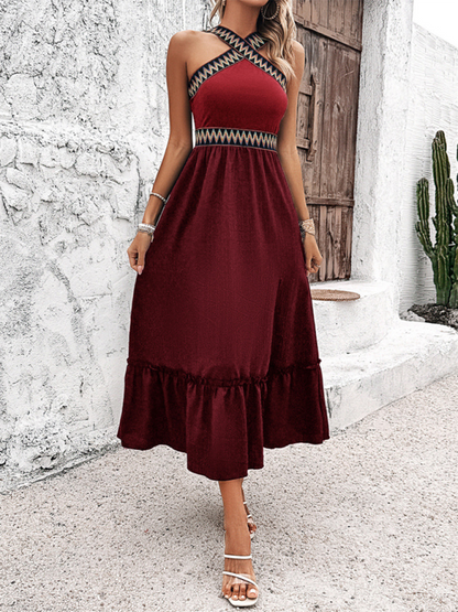 Women Halter Cinched Midi Dress with Zig-Zag Trim